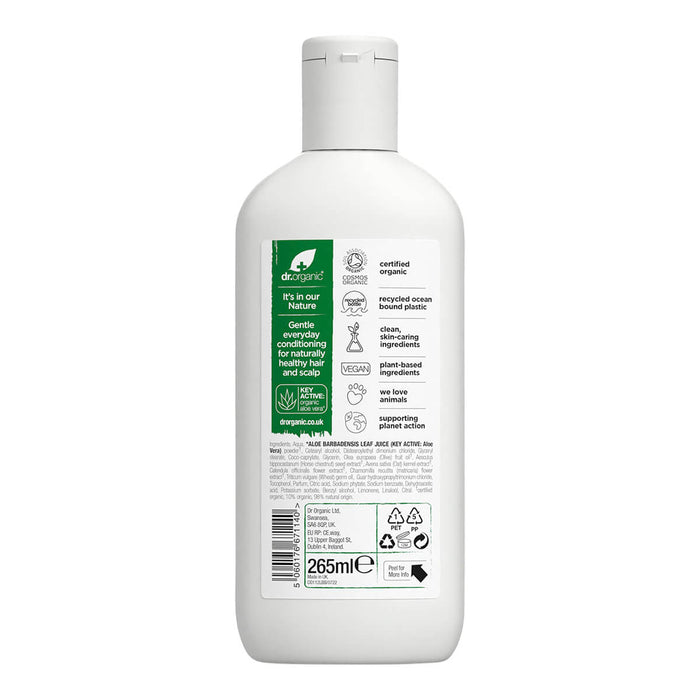 Back of Dr. Organic 265ml bottle of Aloe Vera Conditioner.