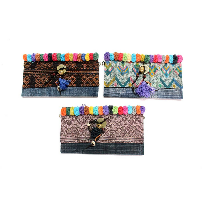 Bonita Karen Textile Pompom Embroidered Clutch Bag - Thailand