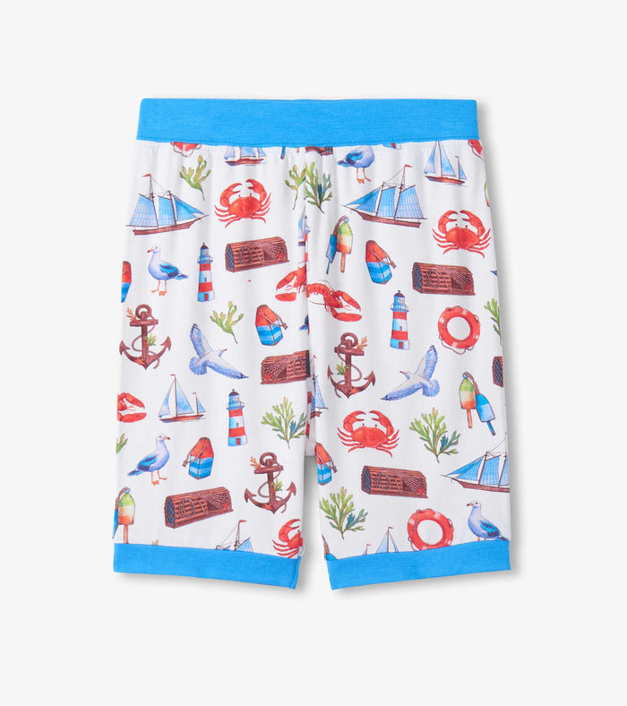 Hatley boys matching bamboo pajama shorts with Painted Seascape print and blue trim.