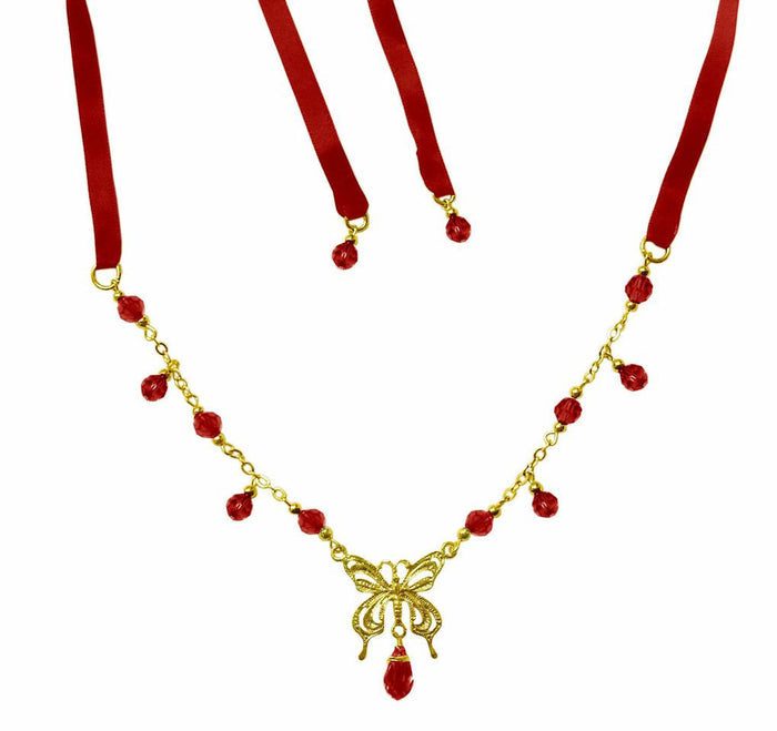 Butterfly Tie-On Crown – Adjustable Gold Ribbon Necklace front view