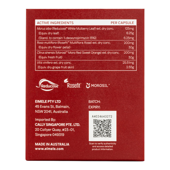 Back of 60 capsules box eimele Calibrate Reds Max, showing ingredients.