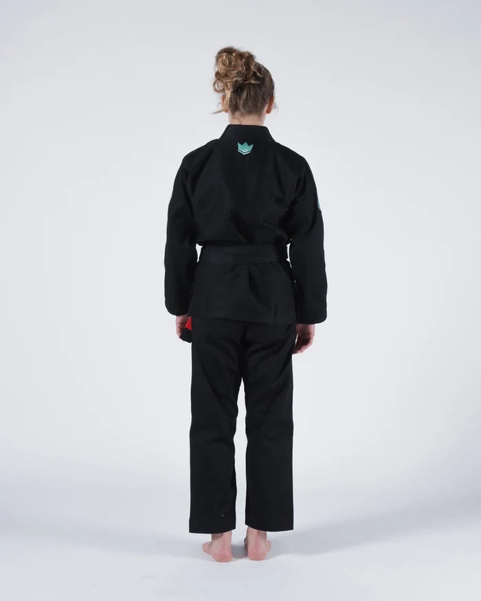 Kingz Classic 3.0 Women's BJJ Gi Black - Full Body Back View Female Athlete Black Belt Teal Crown Logo Upper Back Women's