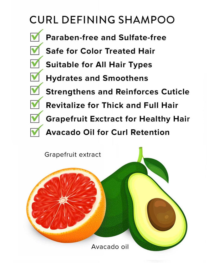 An infographic for curl defining shampoo lists benefits with green checkmarks, highlighting grapefruit and avocado ingredients.