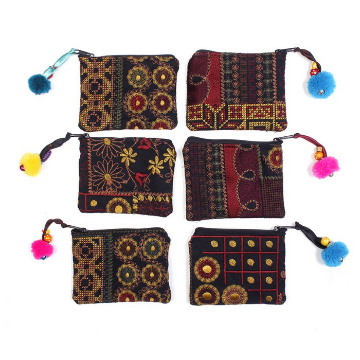 Embroidered Pompom Artisanal Coin Purse - Thailand