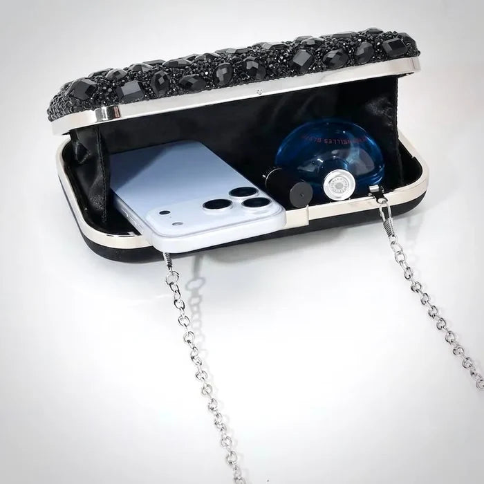 Black Crystal Bridal Clutch With Silver Trim | Elegant Black Evening Bag