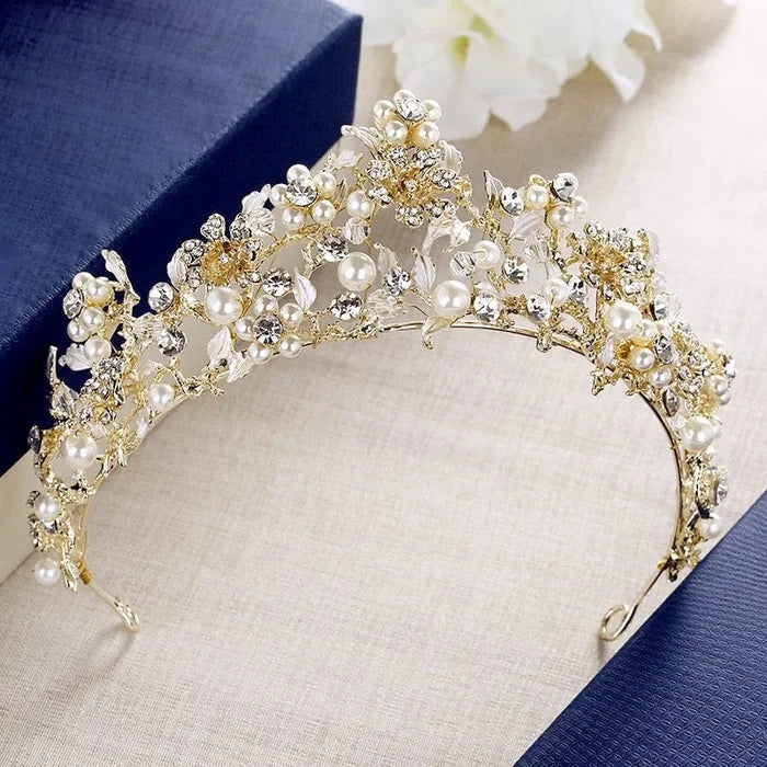 "Estelle" - Gold Pearl and Cubic Zirconia Bridal Tiara