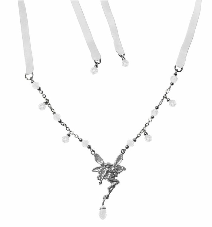 Silver Fairy Tie-On Crown and Necklace with white ribbon ties and clear crystal bead accents, front view.