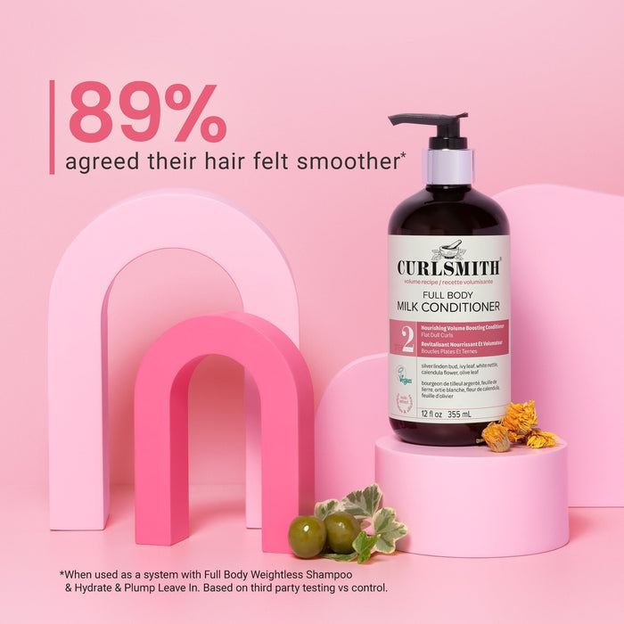 Curlsmithe full body milk conditioner bottle on a pink background with text about hair smoothness.