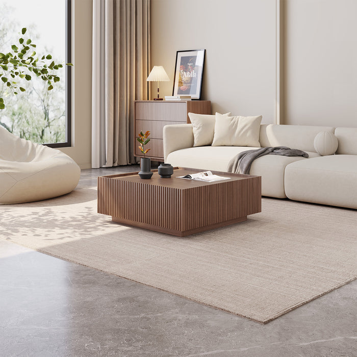 Guyii Walnut Square Coffee Table with Hidden Drawers for Living Room