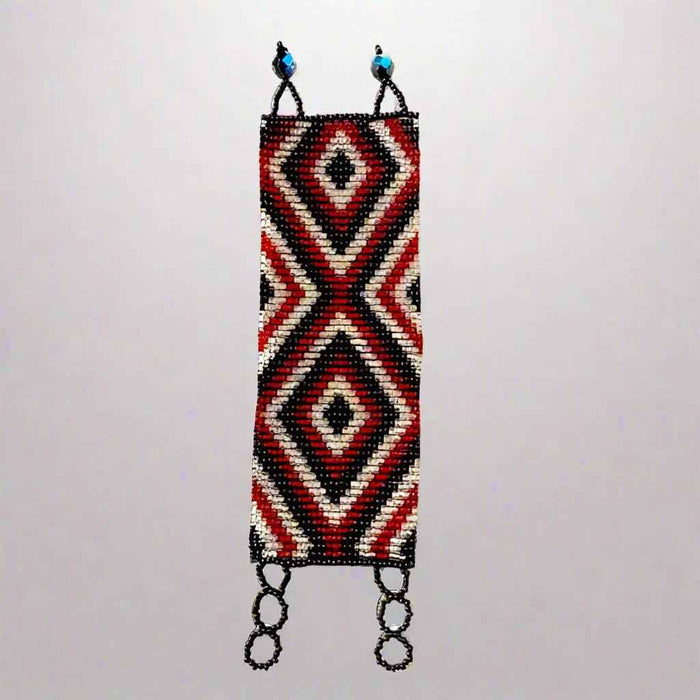 Handwoven Seed Bead Bracelet – Diamond Pattern in Red and Black -Guatemala