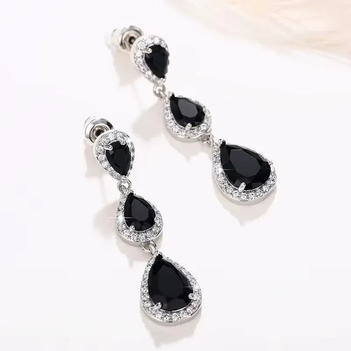 Elegant Silver CZ Bridal Earrings | Blue & Black