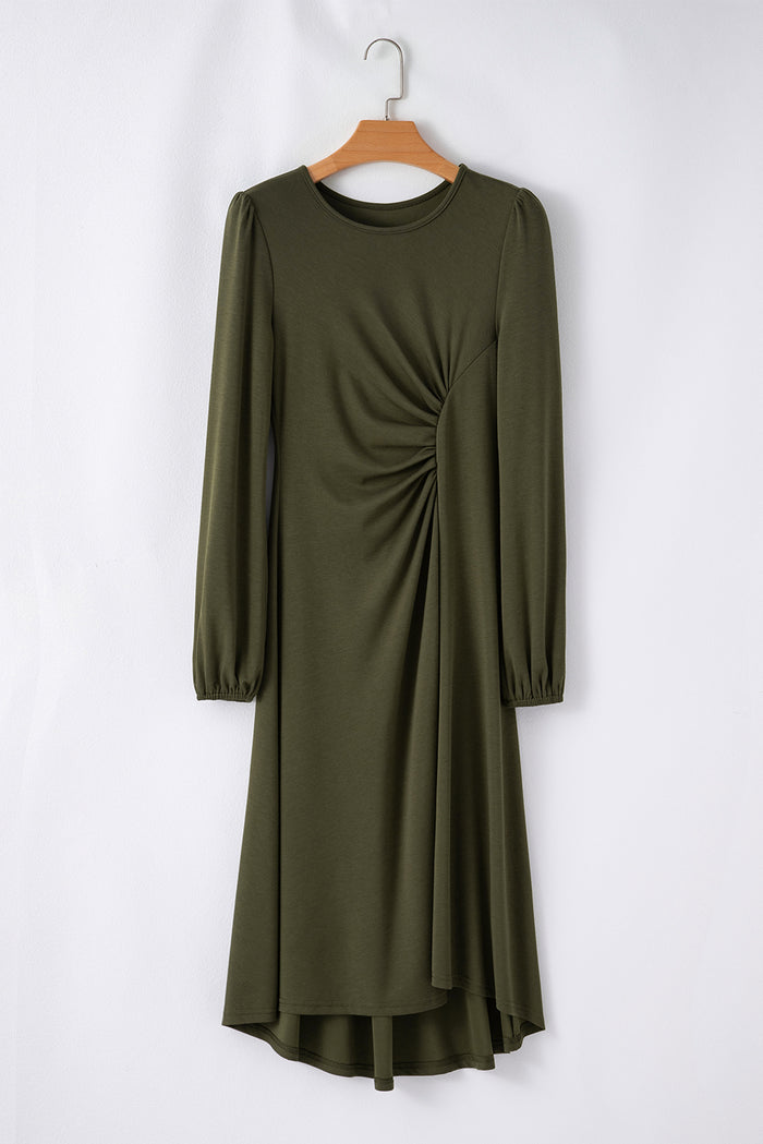 Jungle Green Solid Color Ruched Detail Long Sleeve Midi Dress 🇺🇸