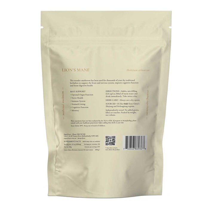 Back view of a 'Lion's Mane' mushroom supplement packaging with text and QR code on a beige background.