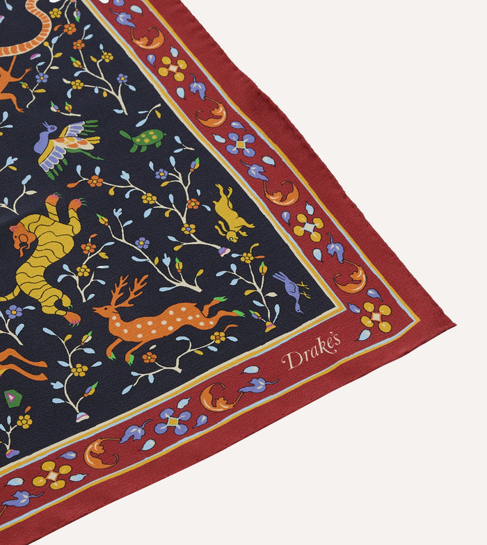 Navy Animals and Flowers Print Silk Bandana