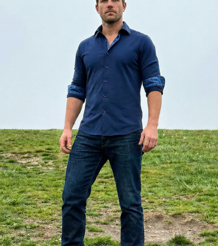 Paul// Fitted Cotton Knit-Stretch Button-Up Shirt // Navy //