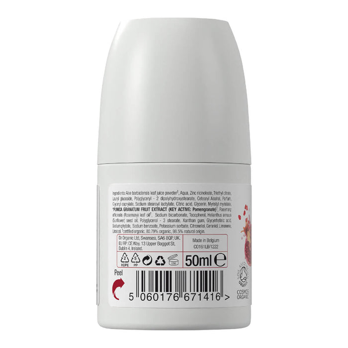 Back of 50ml bottle Dr. Organic Pomegranate Roll-On Deodorant, showing ingredients.