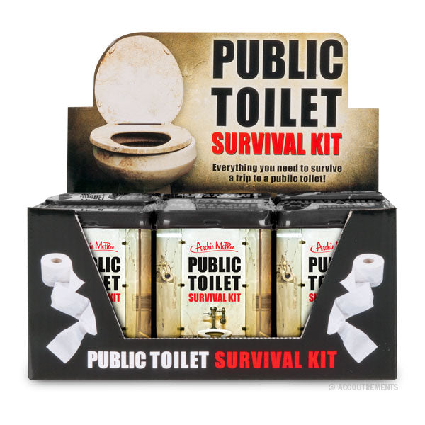 The display for the Public Toilet Survival Kit showcases convenient essentials such as toilet paper rolls, toilet seat covers, and disposable gloves to ensure comfort in any restroom situation.