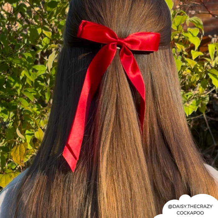 Rose red Coconut Lane Ribbon Bow Clip tied at the back of long brown hair.