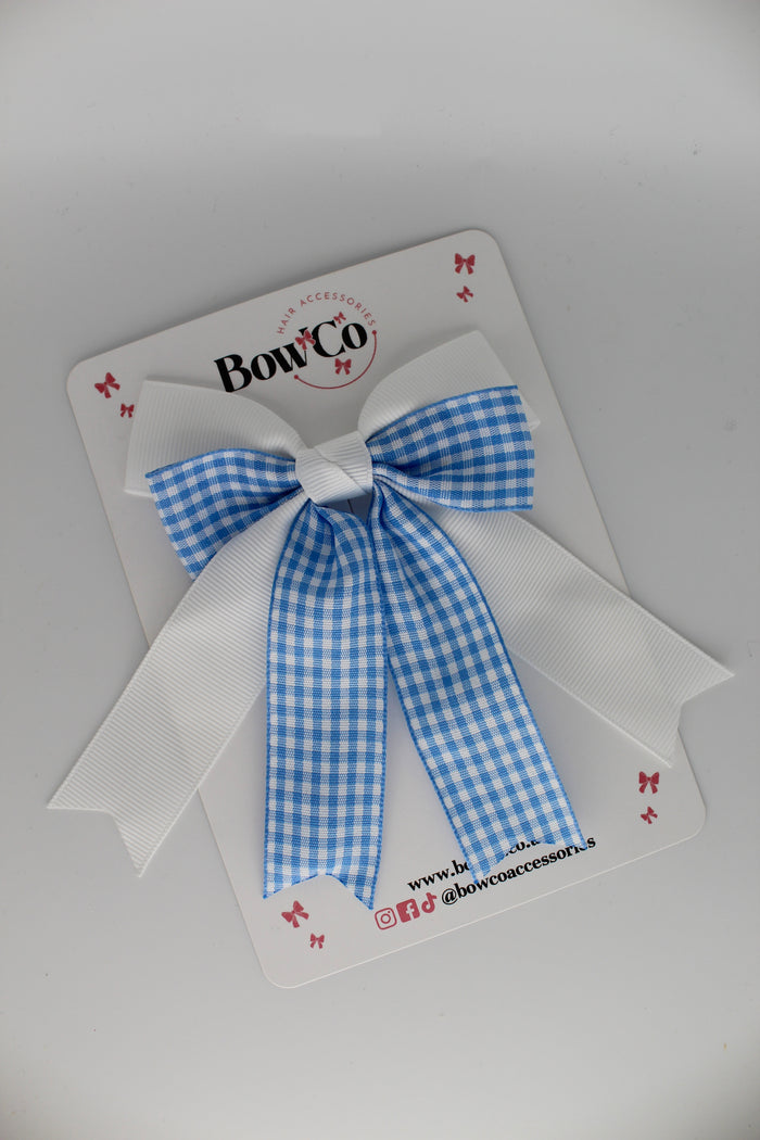 School Light Blue Gingham Double Ribbon Tail Bow - Clip