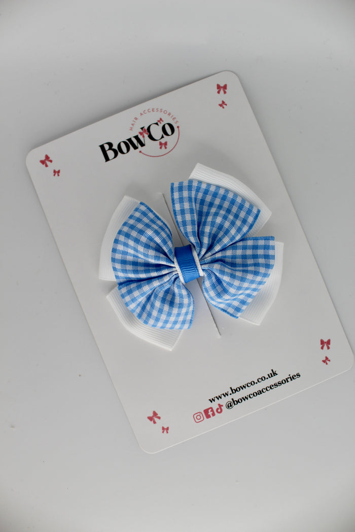 School Light Blue Gingham Layer Edge Bow - Clip