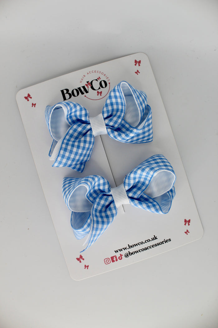 School Light Blue Gingham Loop Bow Set - Clip