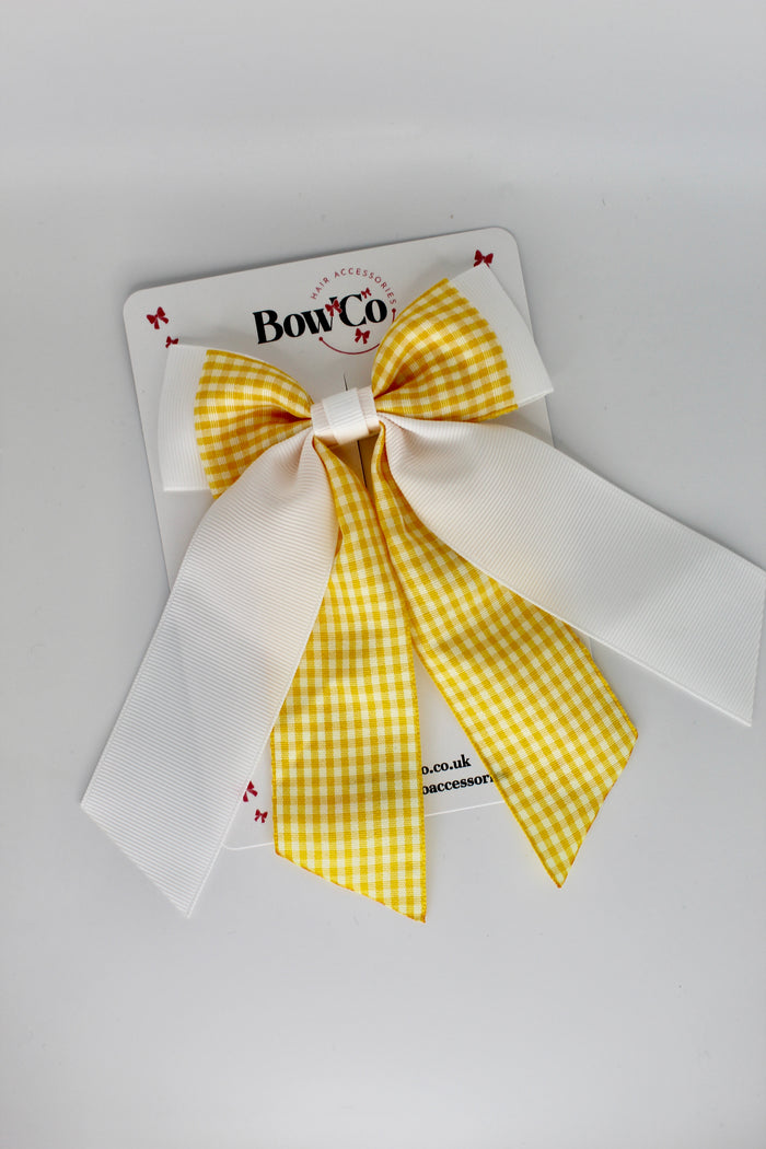 School Yellow Gingham Double Layer Tail Bow - Clip