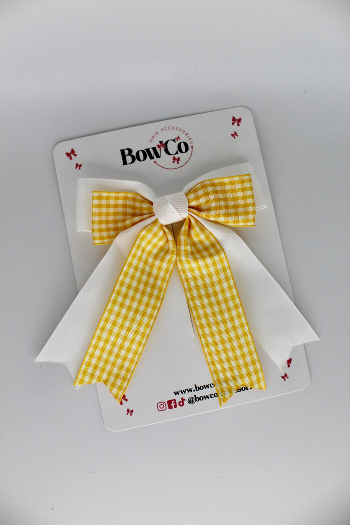 School Yellow Gingham Double Ribbon Tail Bow - Clip