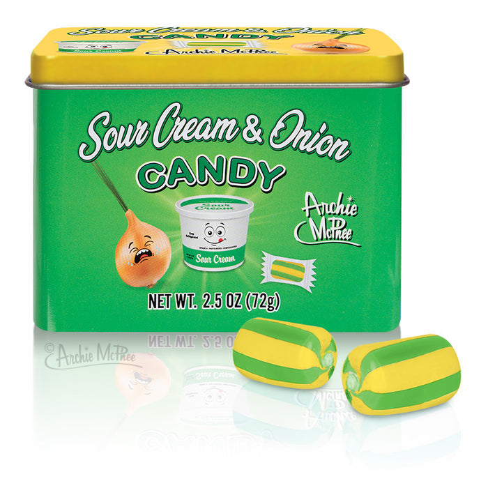 A rectangular tin of Sour Cream & Onion Candy features two striped candies in front, making it the perfect snack for your next game night.