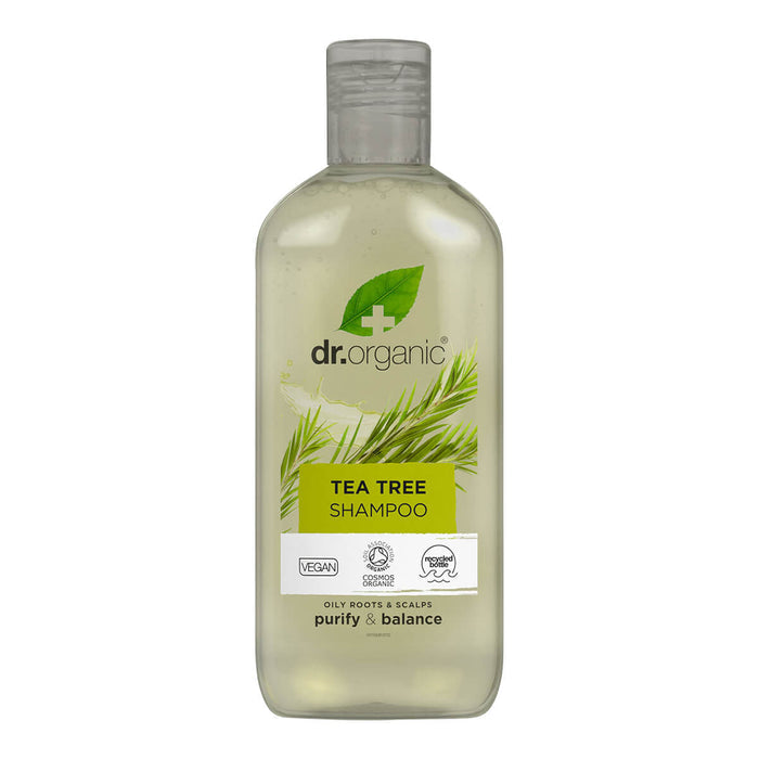 265ml bottle Dr. Organic Tea Tree Shampoo, purifies, refreshes, and invigorates hair.
