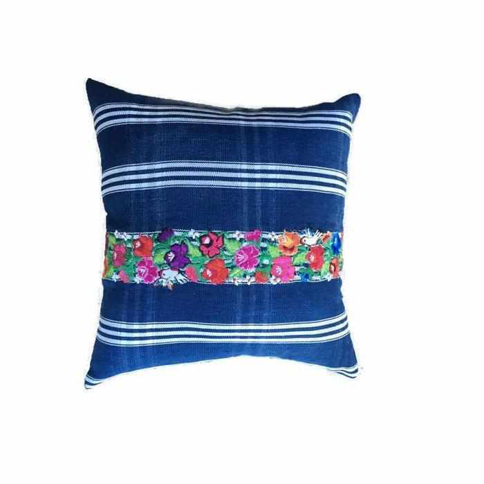 Up-cycled Denim Striped Boho Blue Pillow Cover - Guatemala