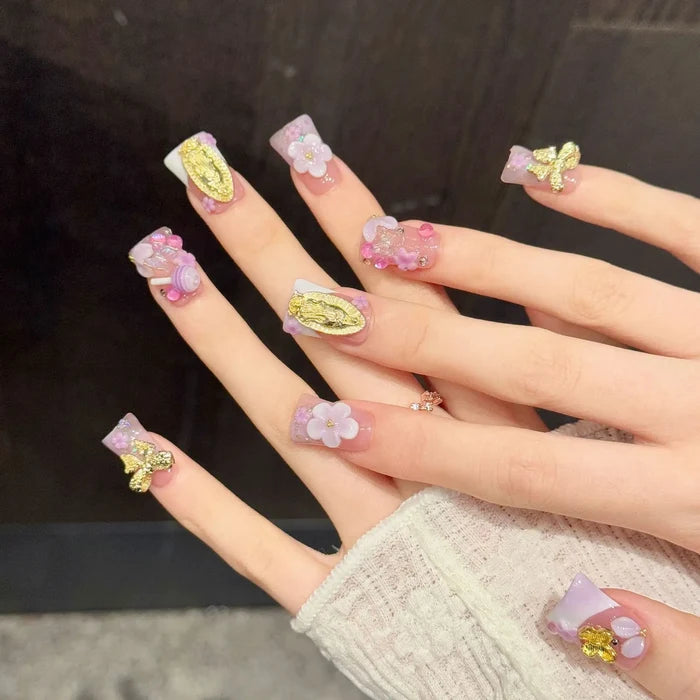 10PCS Duck Handmade Press On Nails,Pink Gold Holy Butterfly,Suitable For Festivals Parties And Daily Wear.