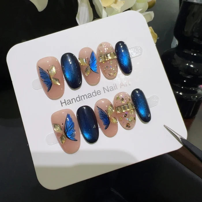 10pcs high-end Blue butterfly handmade fake nails, Light luxury nail decoration