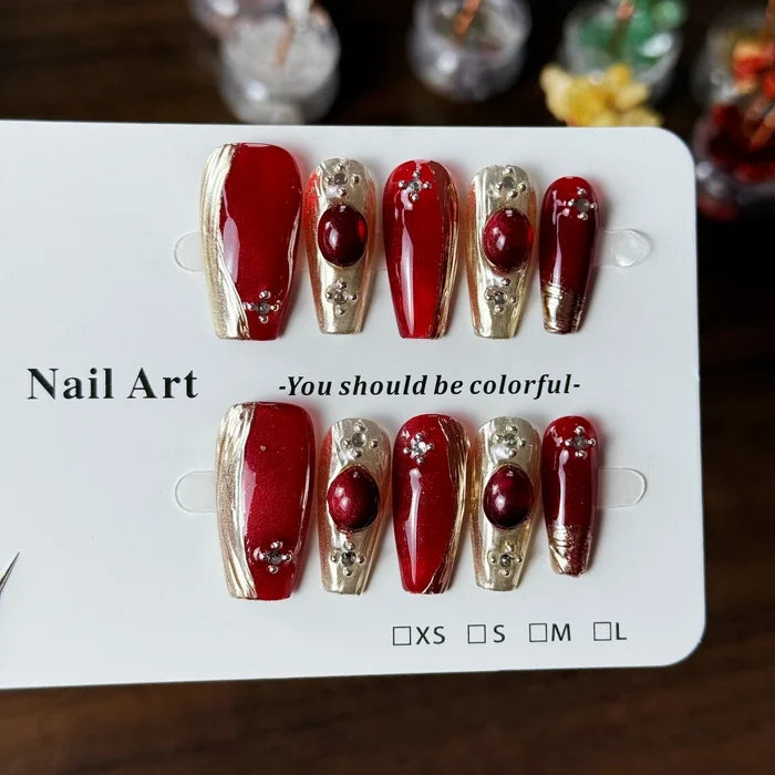 10pcs high-end Bucherati, retro and light luxury, with sparkling wine red cat's eyes handmade fake nails