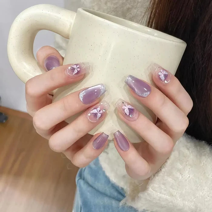 10pcs high-end Purple cat-eye butterflies handmade fake nails, Light luxury purple manicure