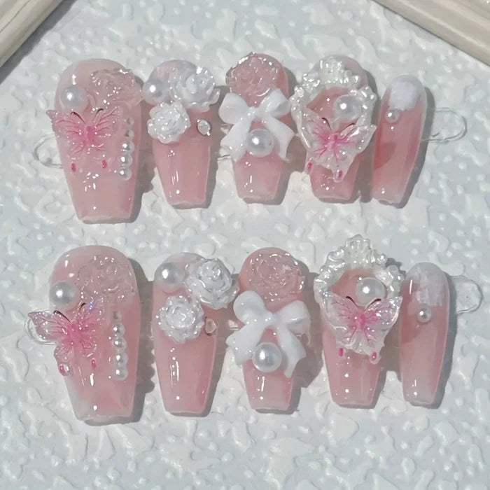 10pcs high-end Rose jelly butterfly handmade fake nails, Pink-themed nail decoration patches for teenagers