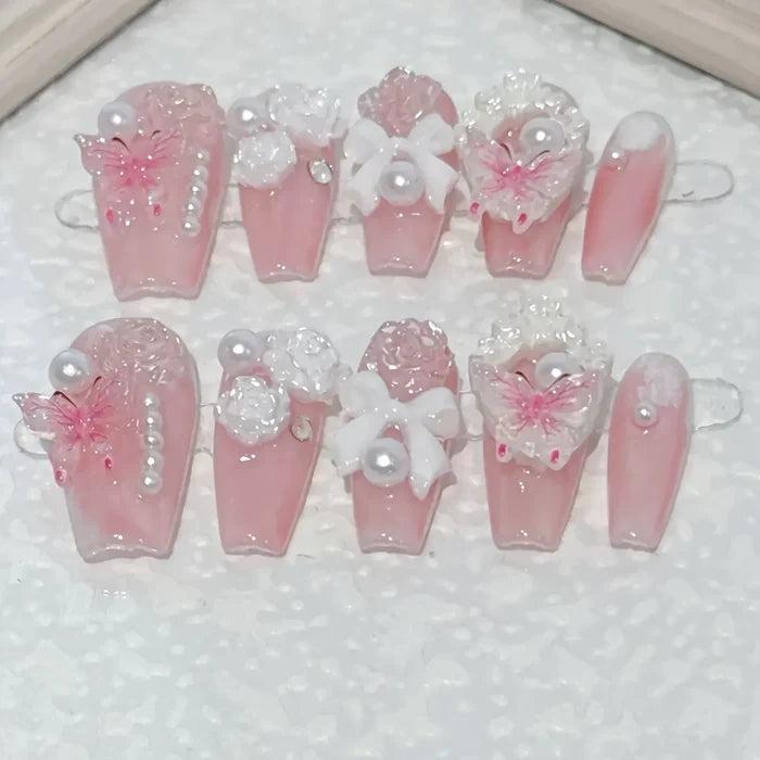 10pcs high-end Rose jelly butterfly handmade fake nails, Pink-themed nail decoration patches for teenagers