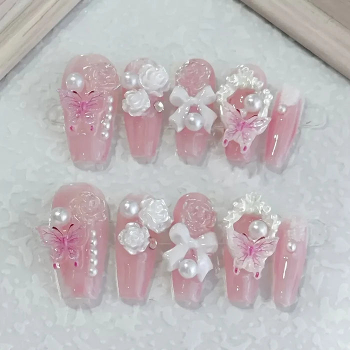 10pcs high-end Rose jelly butterfly handmade fake nails, Pink-themed nail decoration patches for teenagers
