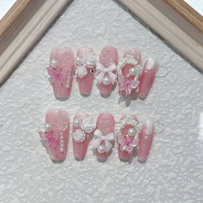 10pcs high-end Rose jelly butterfly handmade fake nails, Pink-themed nail decoration patches for teenagers