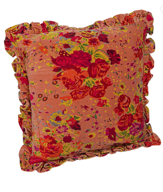 20” Square Cotton Velvet Printed Pillow w Floral Pattern