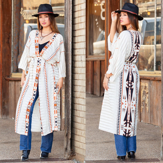8934 - Geometric Print Duster - Beige