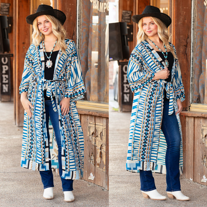 8934 - Geometric Print Duster - Blue