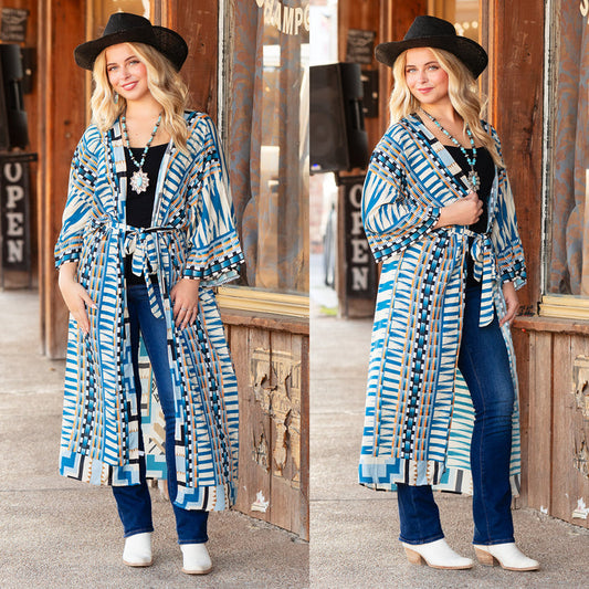 8934 - Geometric Print Duster - Blue
