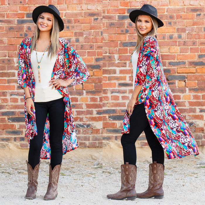 8935 - Leopard Abstract Print Duster - Beige