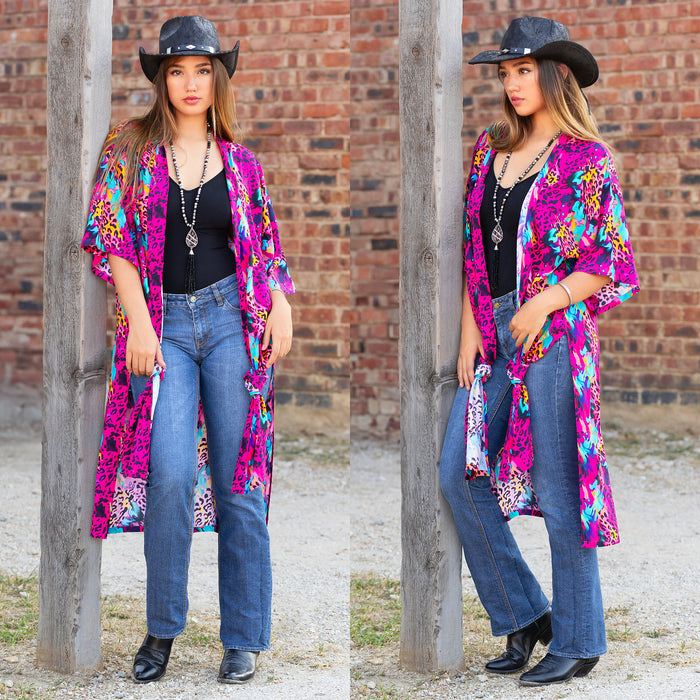 8935 - Leopard Abstract Print Duster - Fuchsia