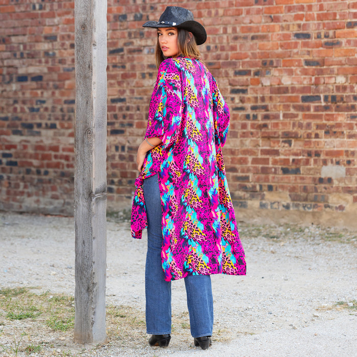 8935 - Leopard Abstract Print Duster - Fuchsia