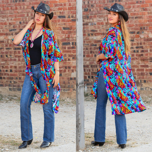 8935 - Leopard Abstract Print Duster - Turquoise