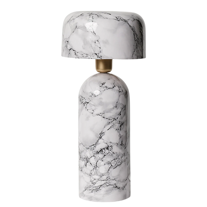 Marble-patterned lamp with gold base on a white background
