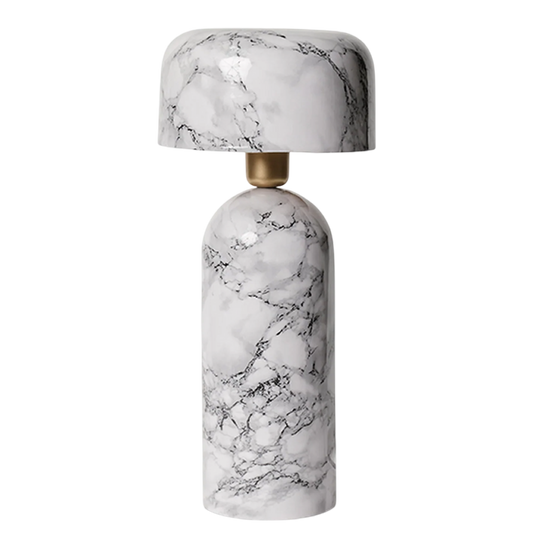 Marble-patterned lamp with gold base on a white background