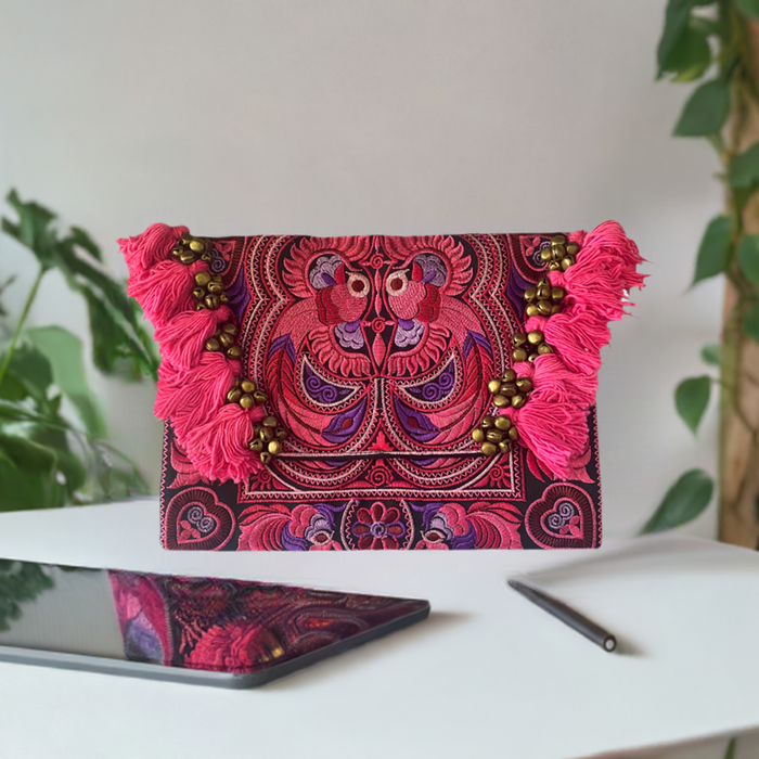 Adelita Embroidered Bird Boho Clutch iPad | Tablet Bag - Thailand
