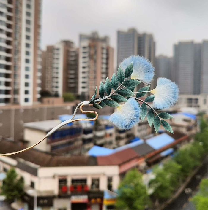 Handmade Acacia flower brooch and hairpi.Natural silk Blue Ronghua
